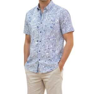 7 Diamonds Men’s Dress Shirt Large Blue Floral 4-Way Stretch Short Sleeve Thin